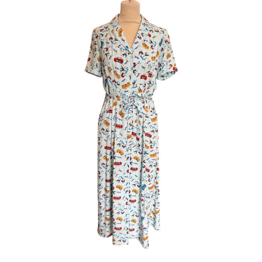 HVN Silk Long Maria Dress in 1950s Car Print - 8