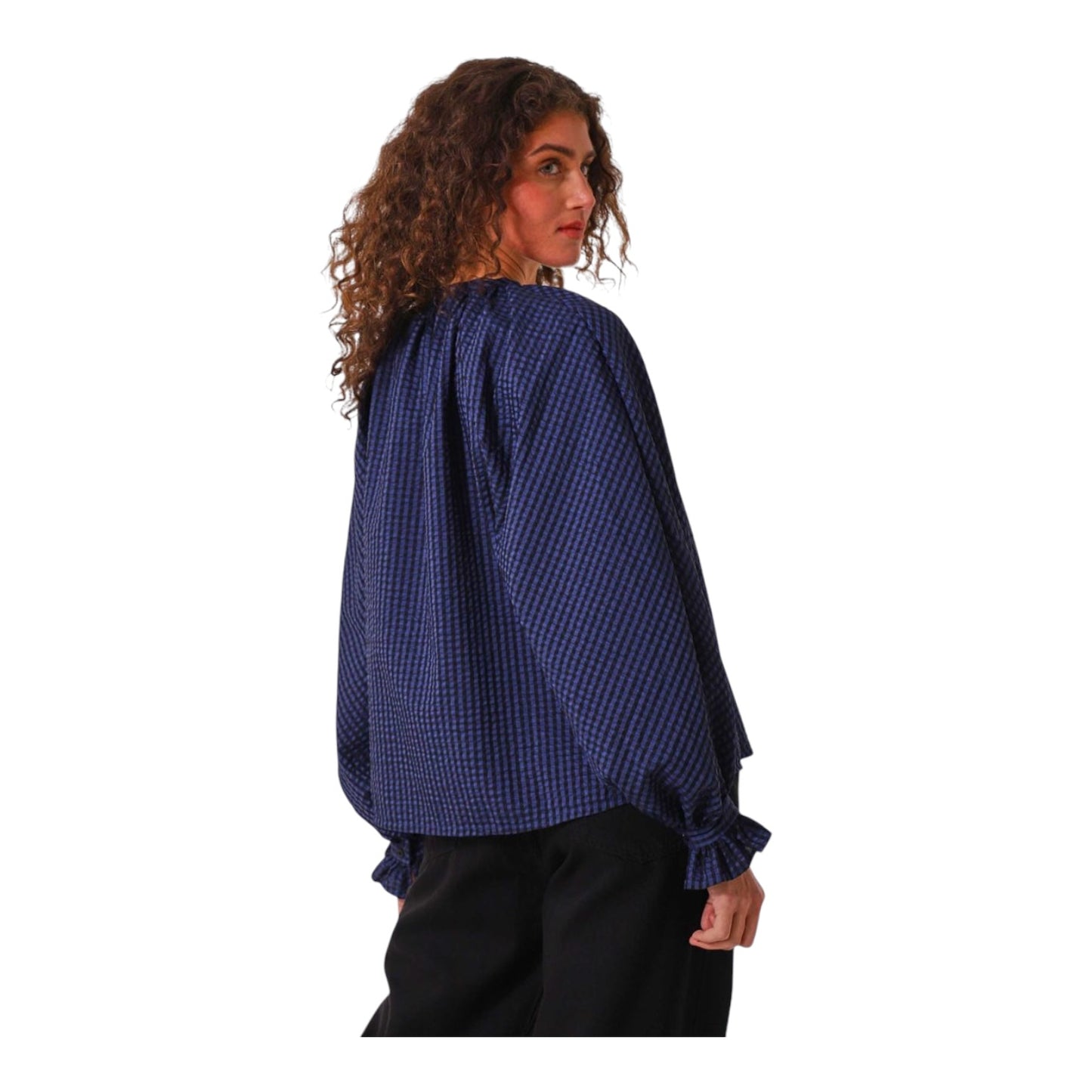 Aligne Blue and Black Check Poet Sleeve Top - 14