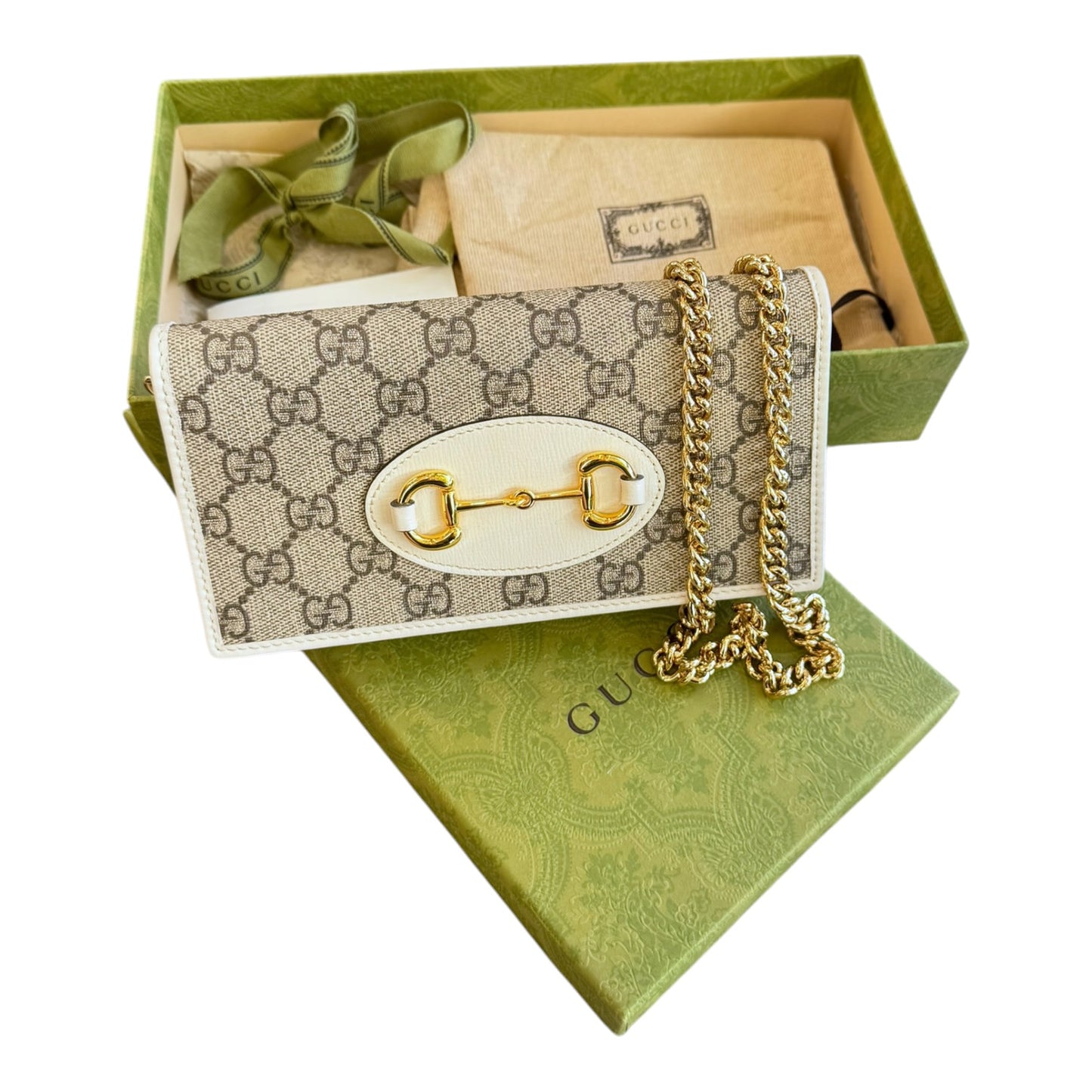 Gucci White 'Gucci 1955' GG Supreme Horsebit Chain Wallet Bag