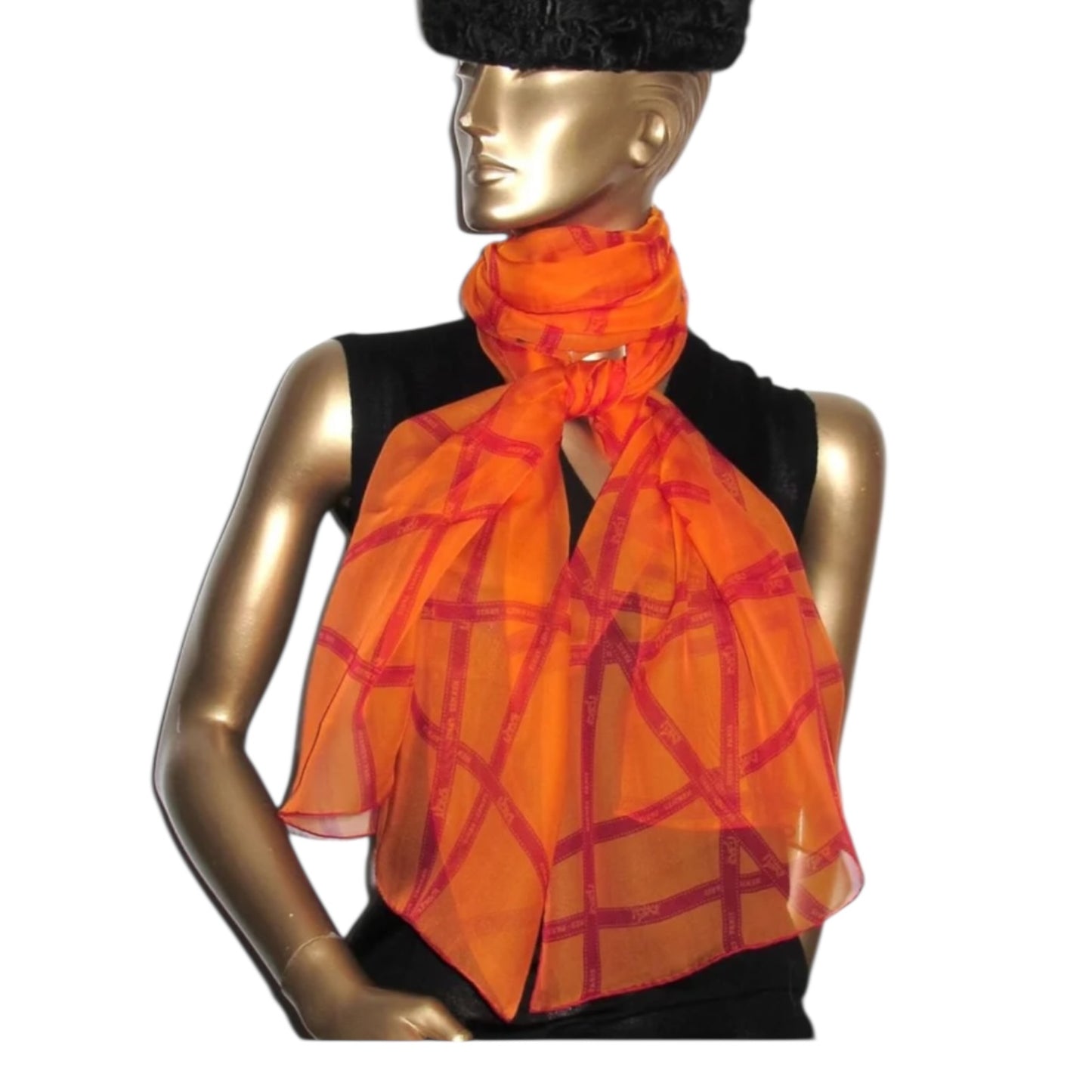 Hermés Bolduc Mouselline Scarf Orange and Burgundy