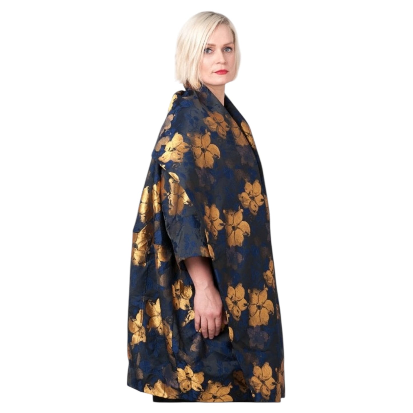 Alembika Exquisite Black Blue & Gold Flower Print Coat - One Size