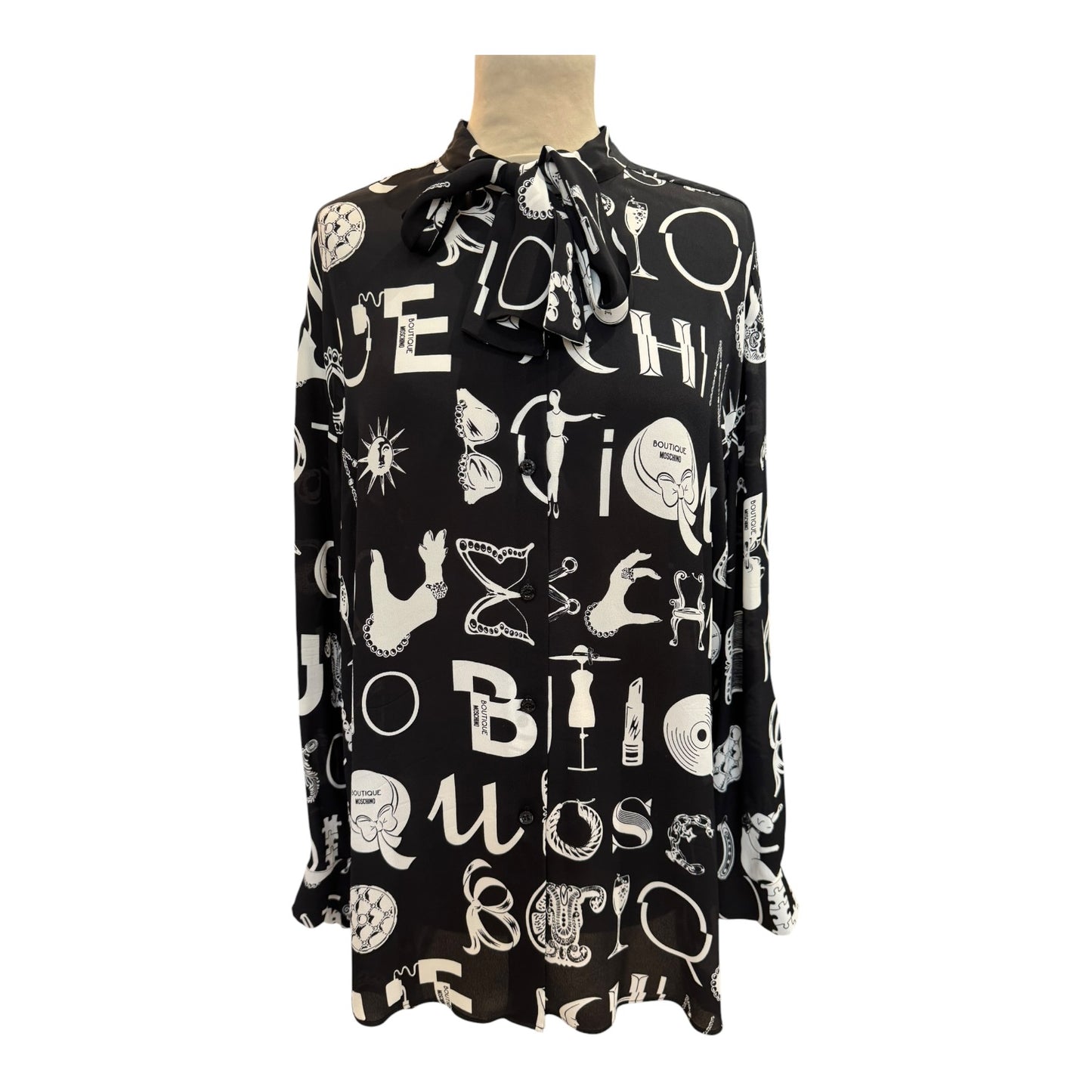 Boutique Moschino Black Tie Neck Silk Top - 14/16