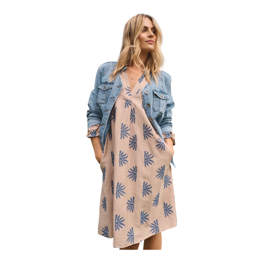Costa Mani Miley Taupe and Navy Embroidered Dress - 12 - NEW