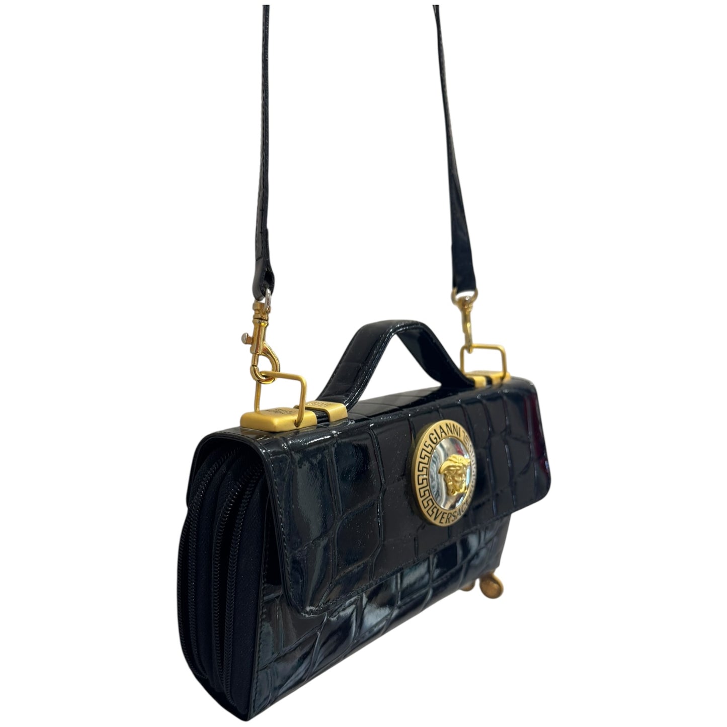 Versace Black Texture Patent Leather Cross Body Bag