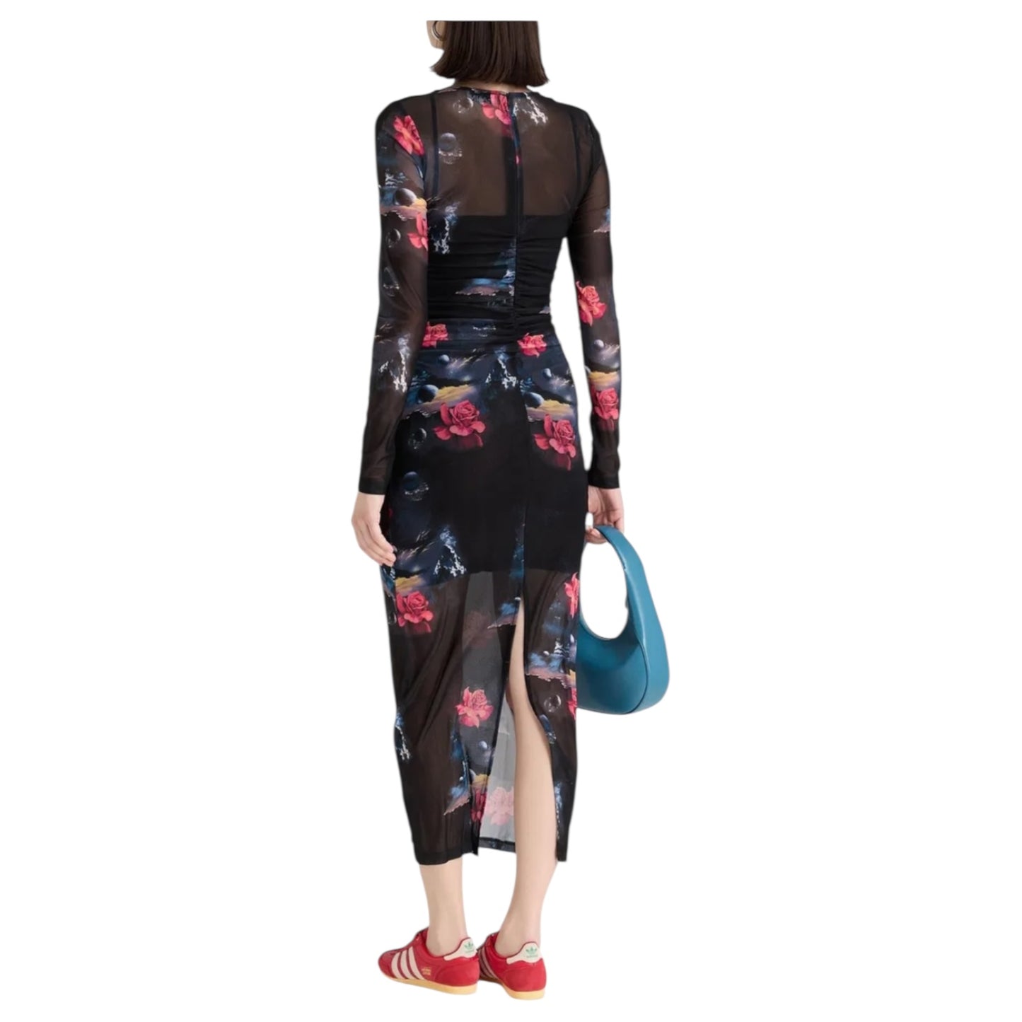 Ganni Black Ruched Floral Mesh Midi Dress - 8/10