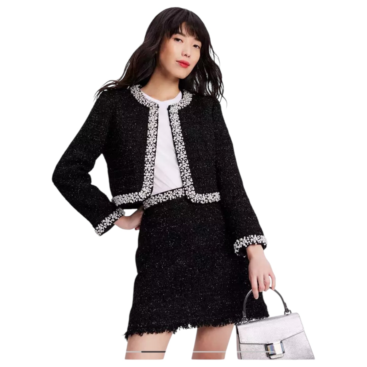 Kate Spade Black Faux Pearl Tweed Cropped Jacket - 12