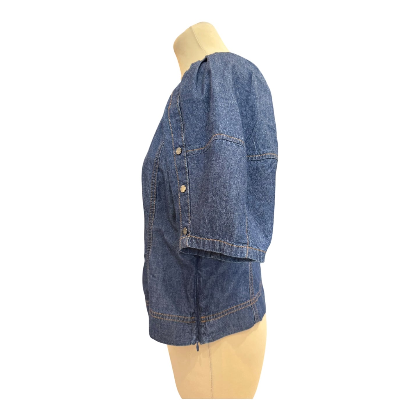 DKNY Denim Scoop Neck Puff-Sleeve Top - 12