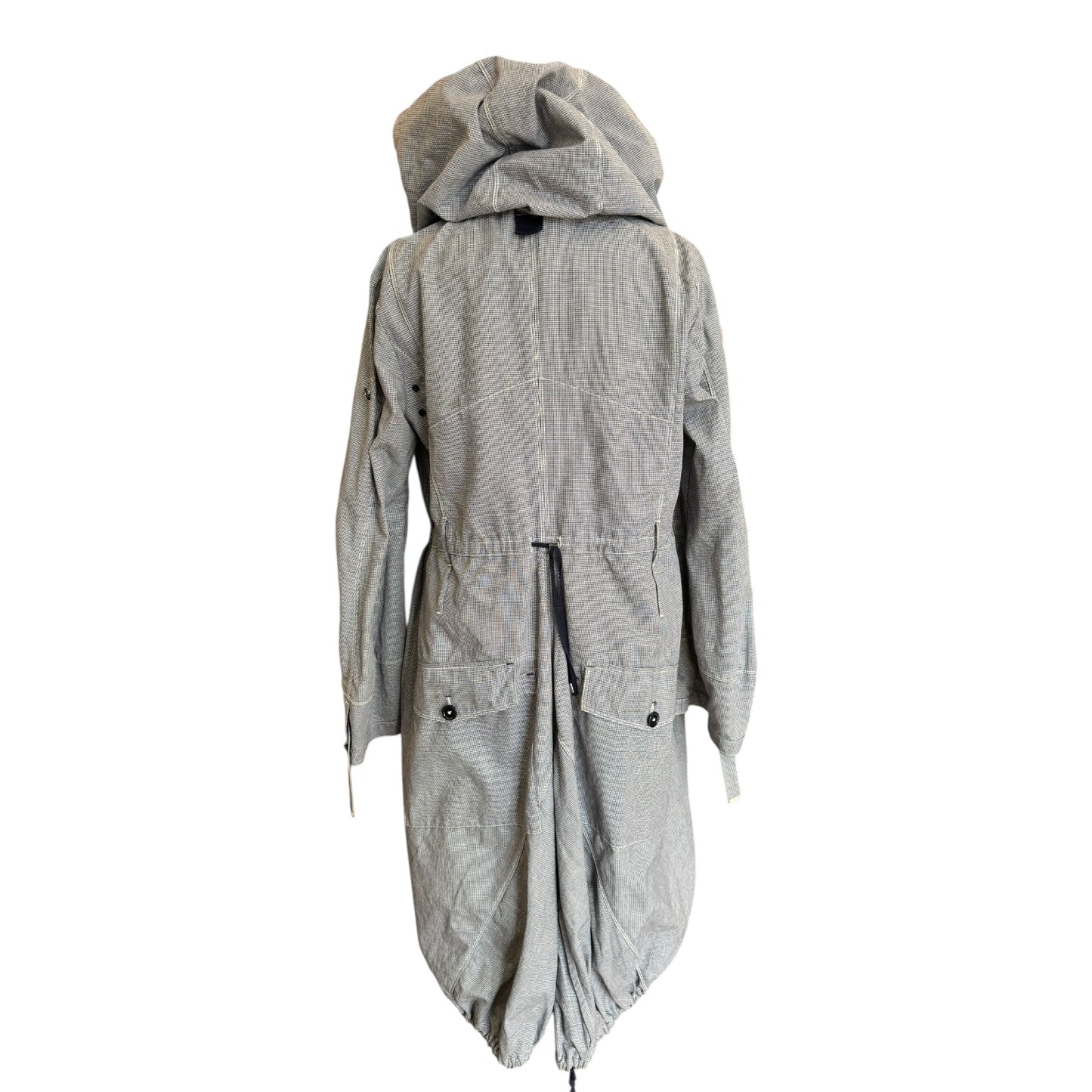 High Blue Navy Houndstooth Hooded Cotton and Linen Coat - 12