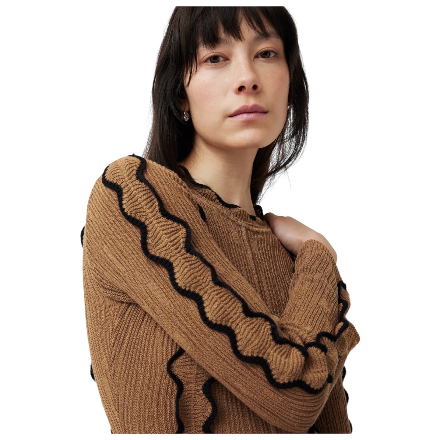 Jigsaw Camel and Black Scallop Trim Knitted Dress - 8/10