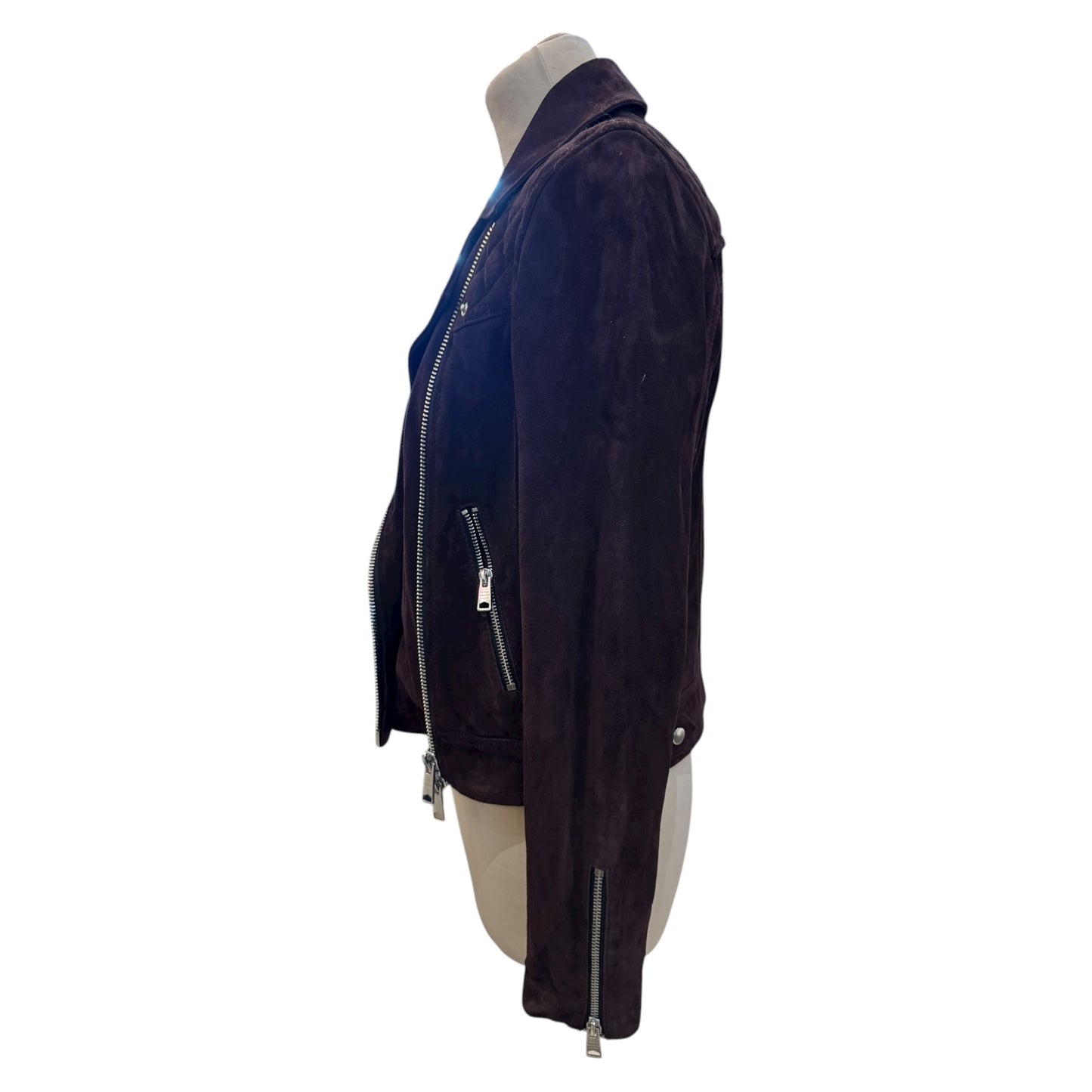 All Saints Caden Suede Biker Jacket in Oxblood Brown - 8 - NEW