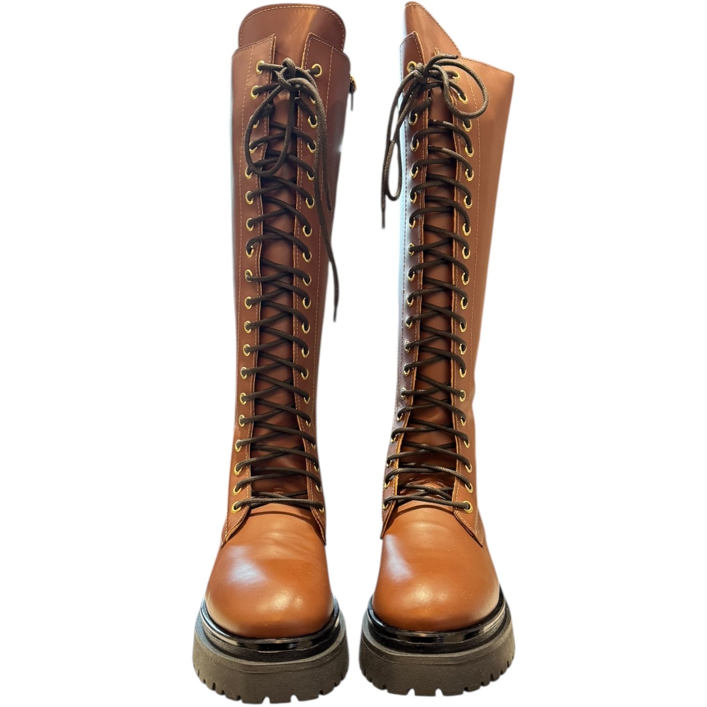 8 By Yoox Brown Leather Lace-Up Tall Boots - 38 / 5