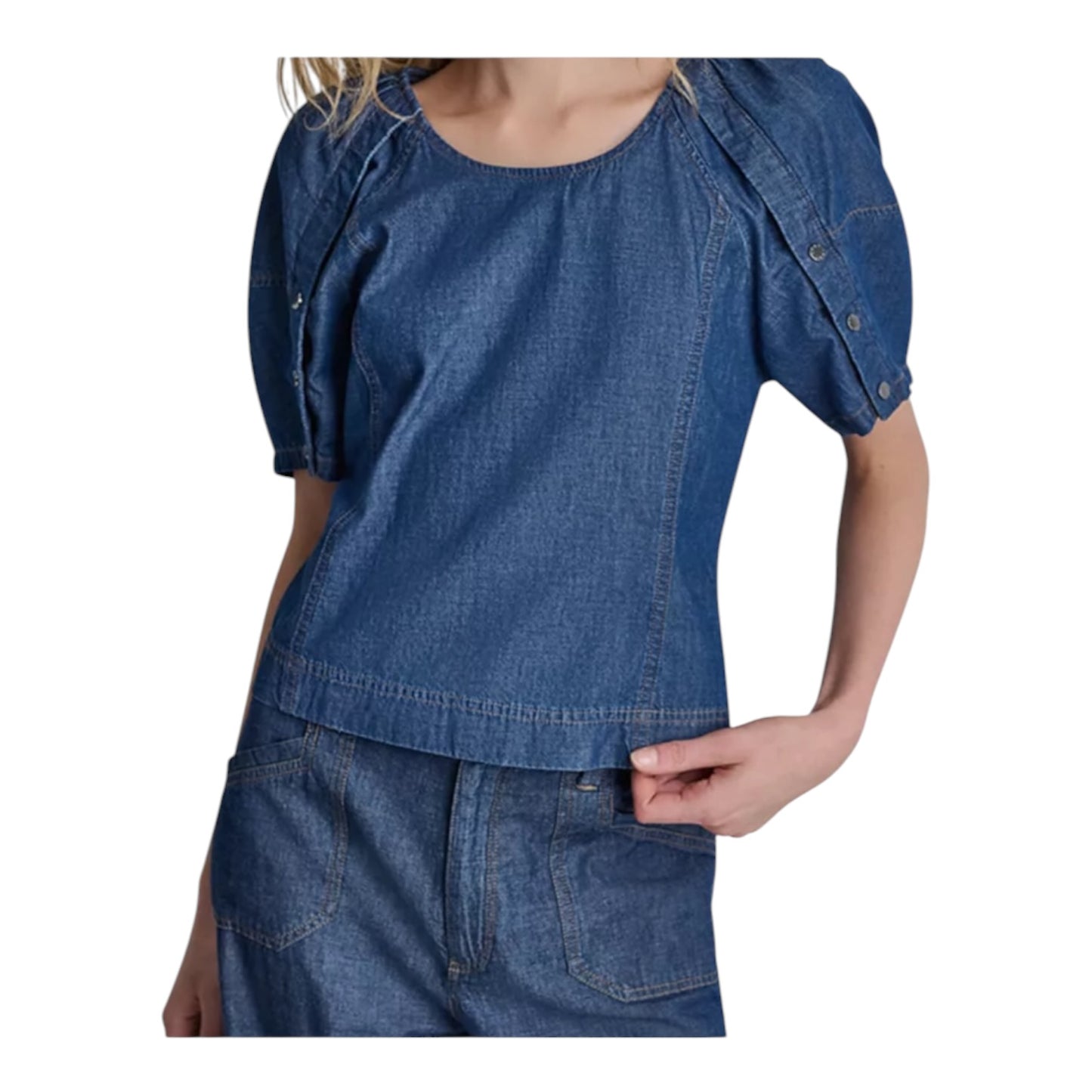 DKNY Denim Scoop Neck Puff-Sleeve Top - 12