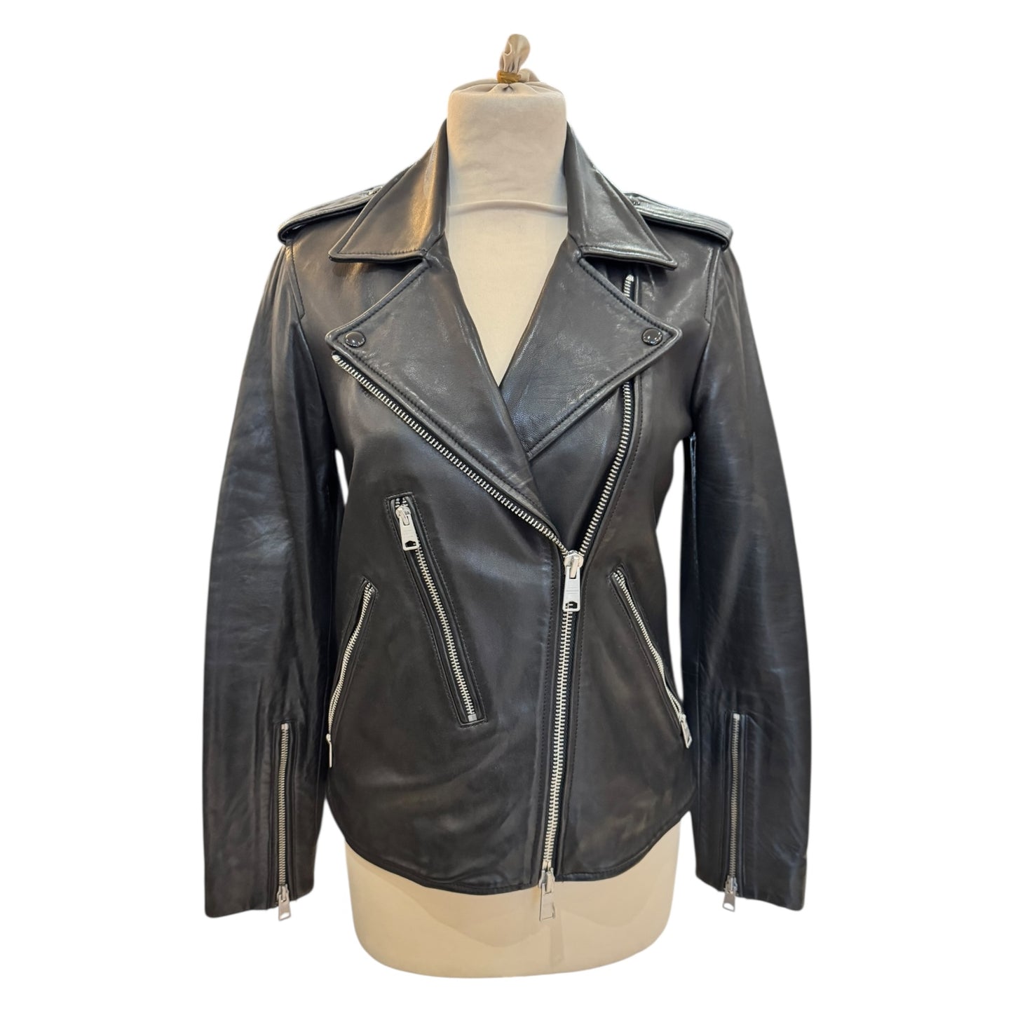 AllSaints Elva Leather Biker Jacket in Black - 8