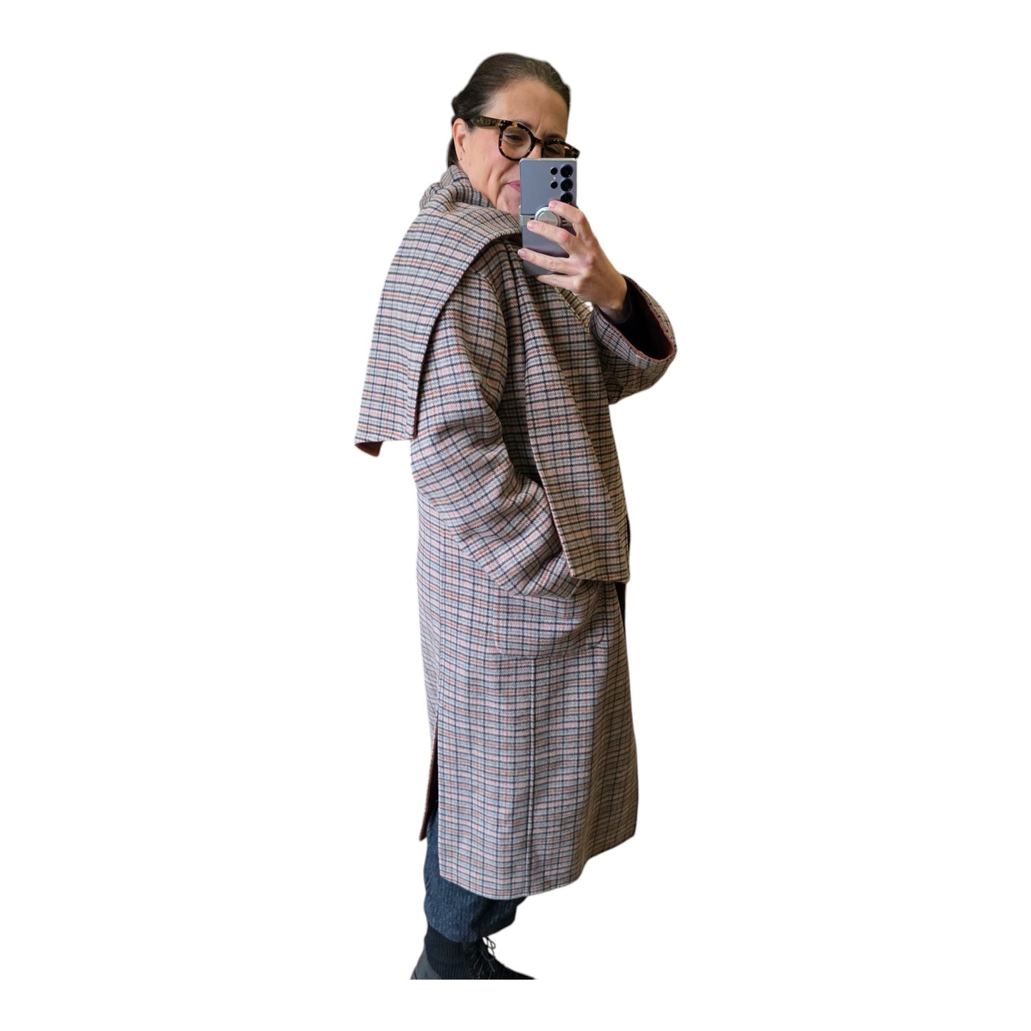 Jaeger Reversible Brown and Check Coat with Scarf - 12