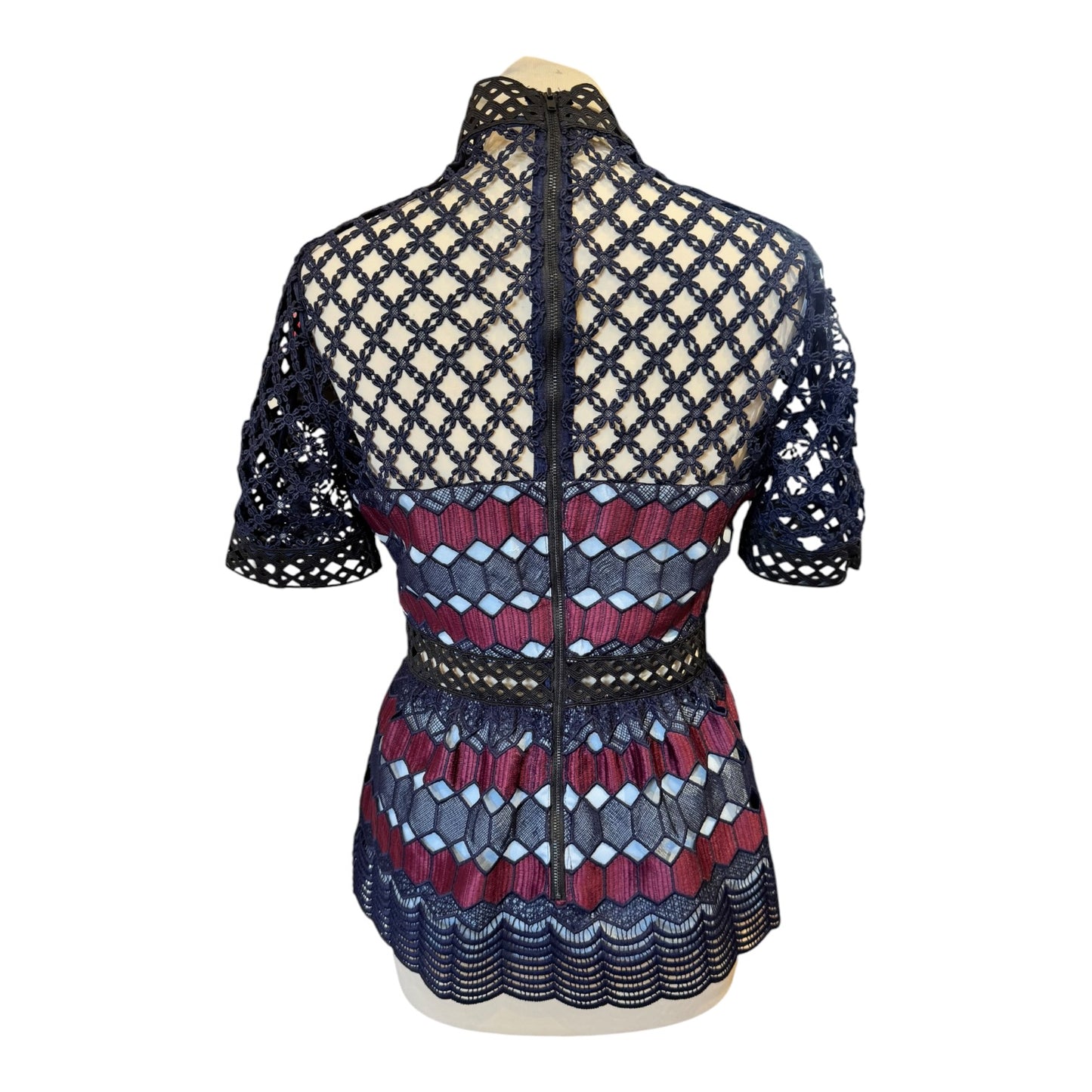Self Portrait Navy and Burgundy Lace Top - 10