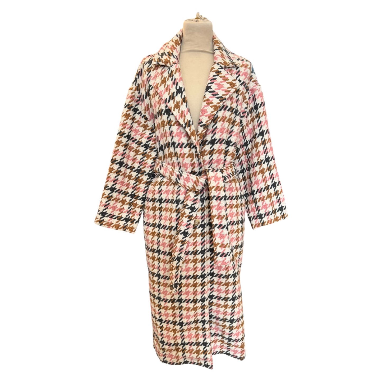 See Saw Houndstooth Coat in Pink, Cream, Tan and Grey - 12 - NEW