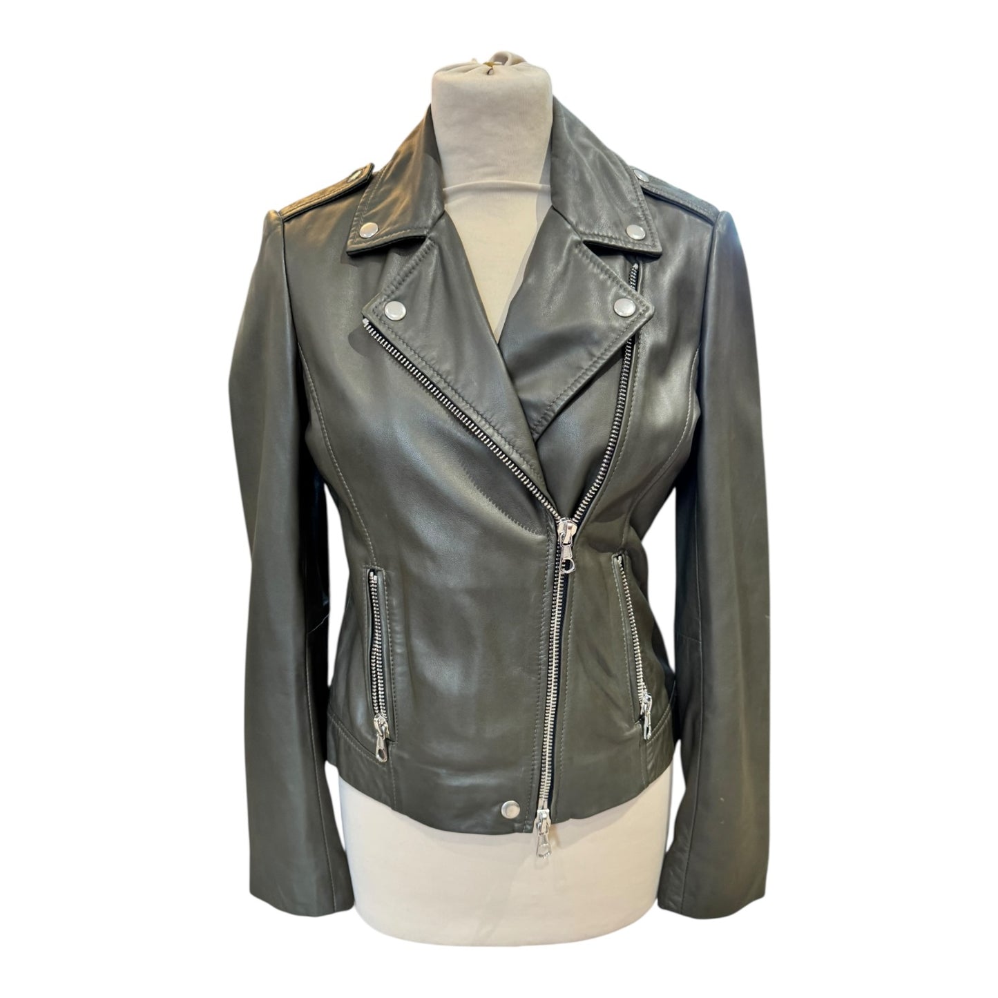 Oui Khaki Leather Biker Jacket - 8