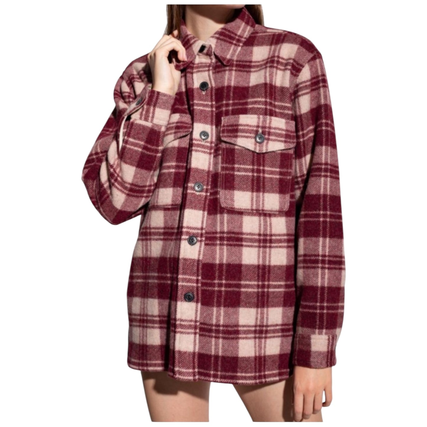 Isabel Marant Etoile Burgundy and Cream Plaid Check Wool Blend Faxon Shirt - 12/14