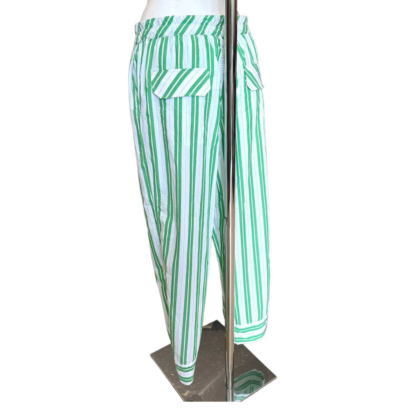 Ganni Green and White Stripe Cotton Trousers - 12