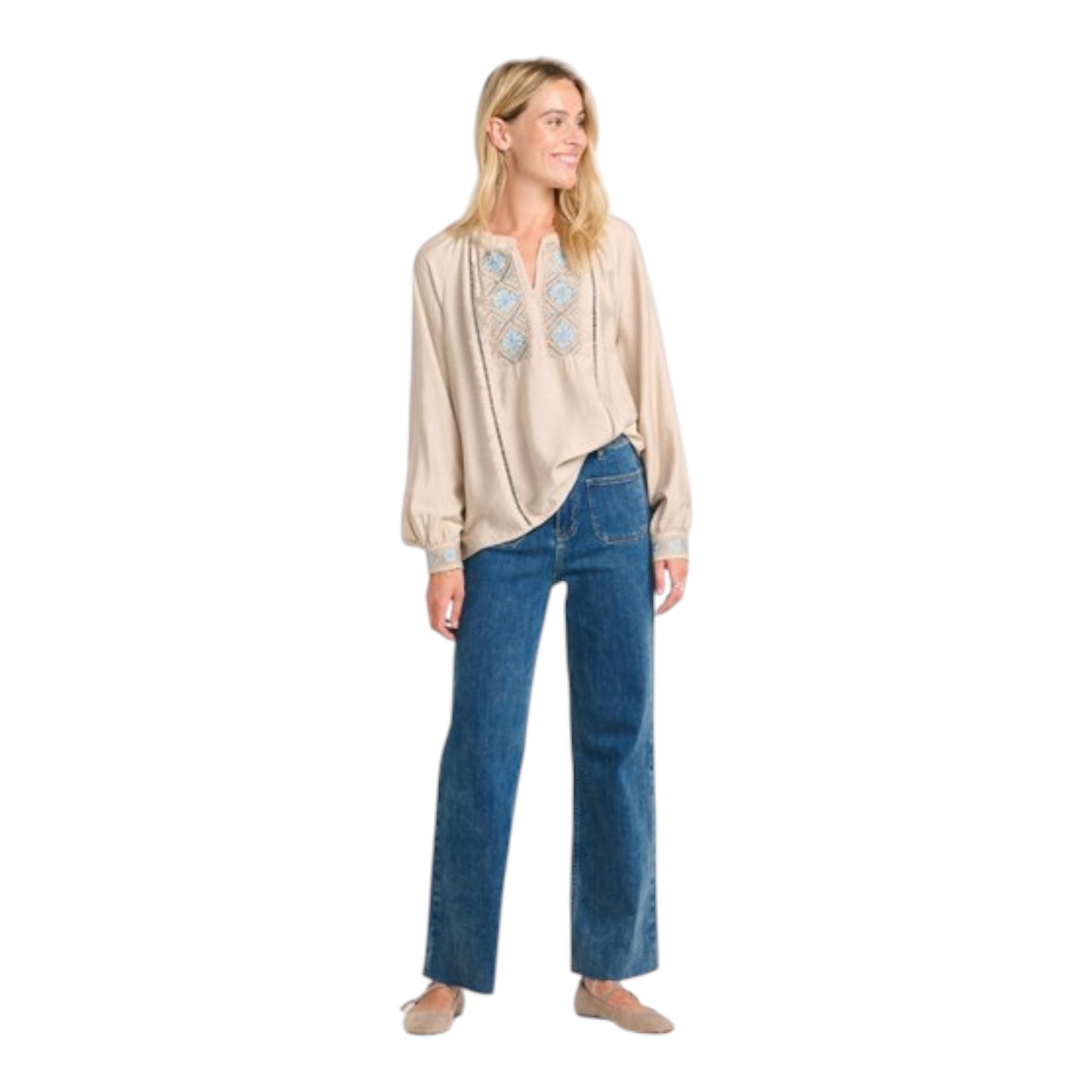Costa Mani Emilie Sand Blue Embroidery Blouse - 12 - NEW