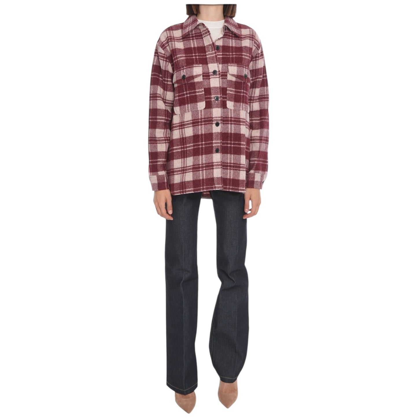 Isabel Marant Etoile Burgundy and Cream Plaid Check Wool Blend Faxon Shirt - 12/14