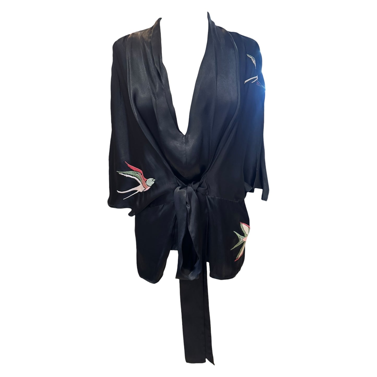 Tallulah and Hope Black Satin Bird Embroidery Wrap Top - 12 - NEW