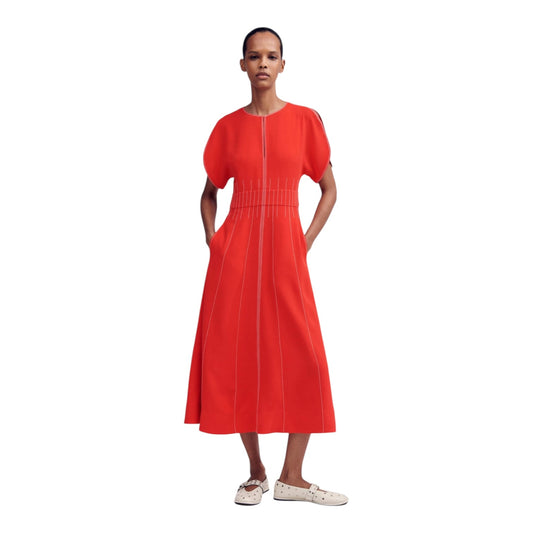 Me + Em Orange Round Neck Contrast Stitch Midi Dress - 12