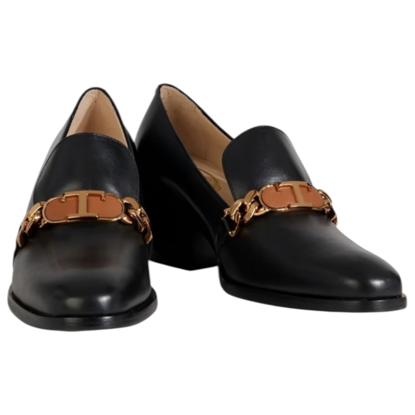 Tod's Black Leather Heeled Pumps with Gold Chain - 38/5