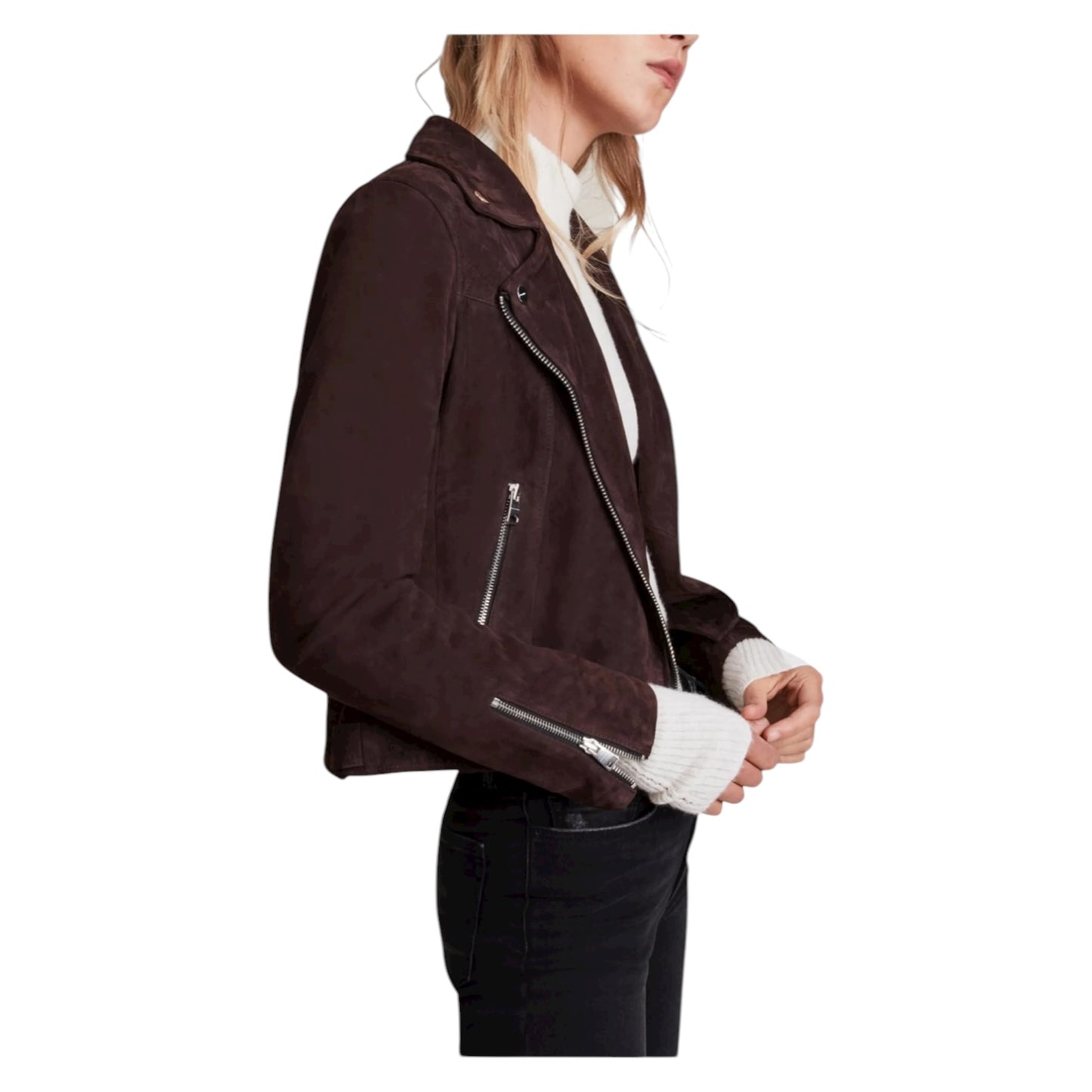 All Saints Caden Suede Biker Jacket in Oxblood Brown - 8 - NEW