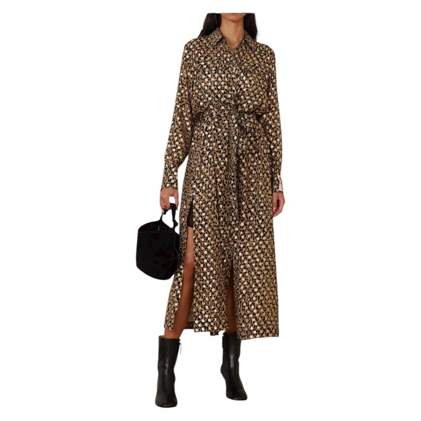 Golden Goose Belted Leopard-Print Metallic Midi Shirt Dress - 12