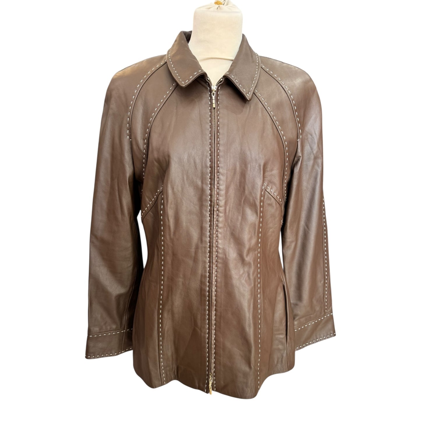 Escada Brown Contrast Stitch Leather Jacket - 10-12, 14-16