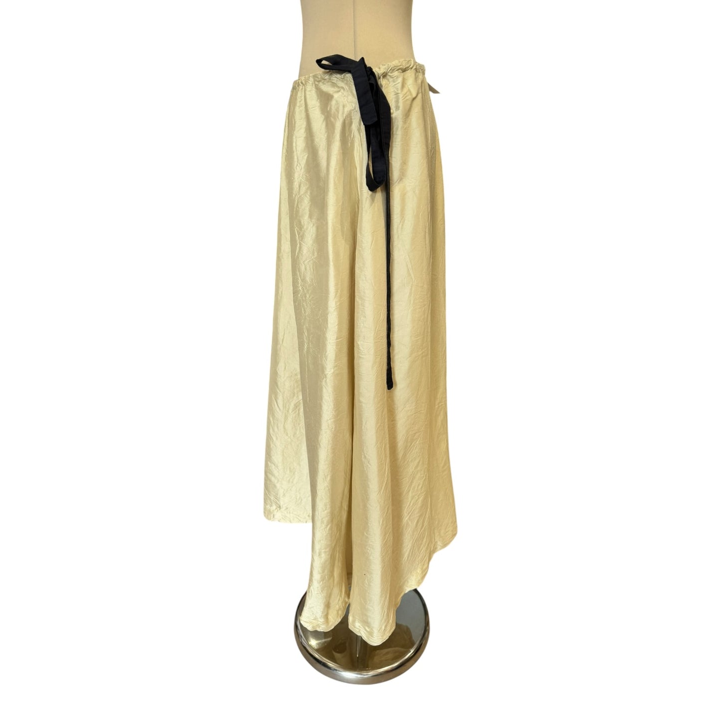 Cawley Cream Silk Midi Skirt with Navy Tie Waist - 10