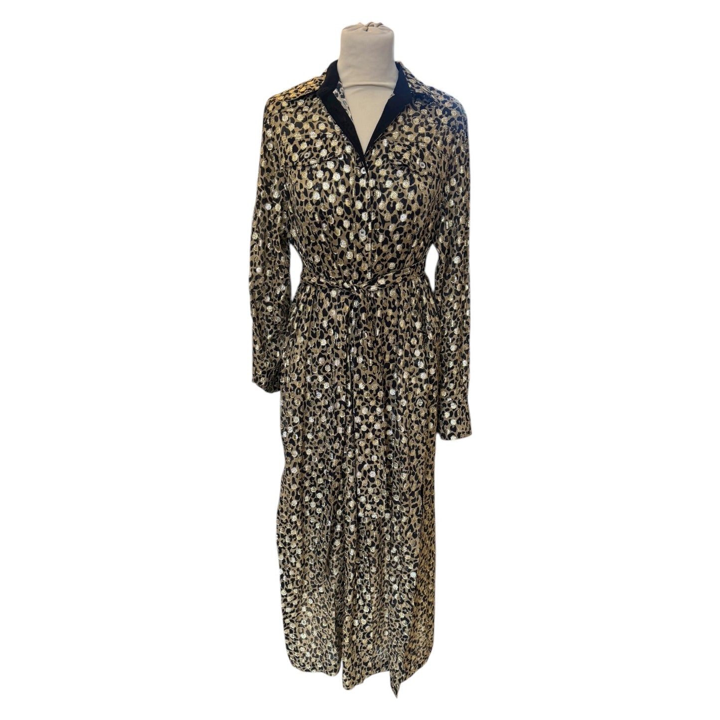 Golden Goose Belted Leopard-Print Metallic Midi Shirt Dress - 12