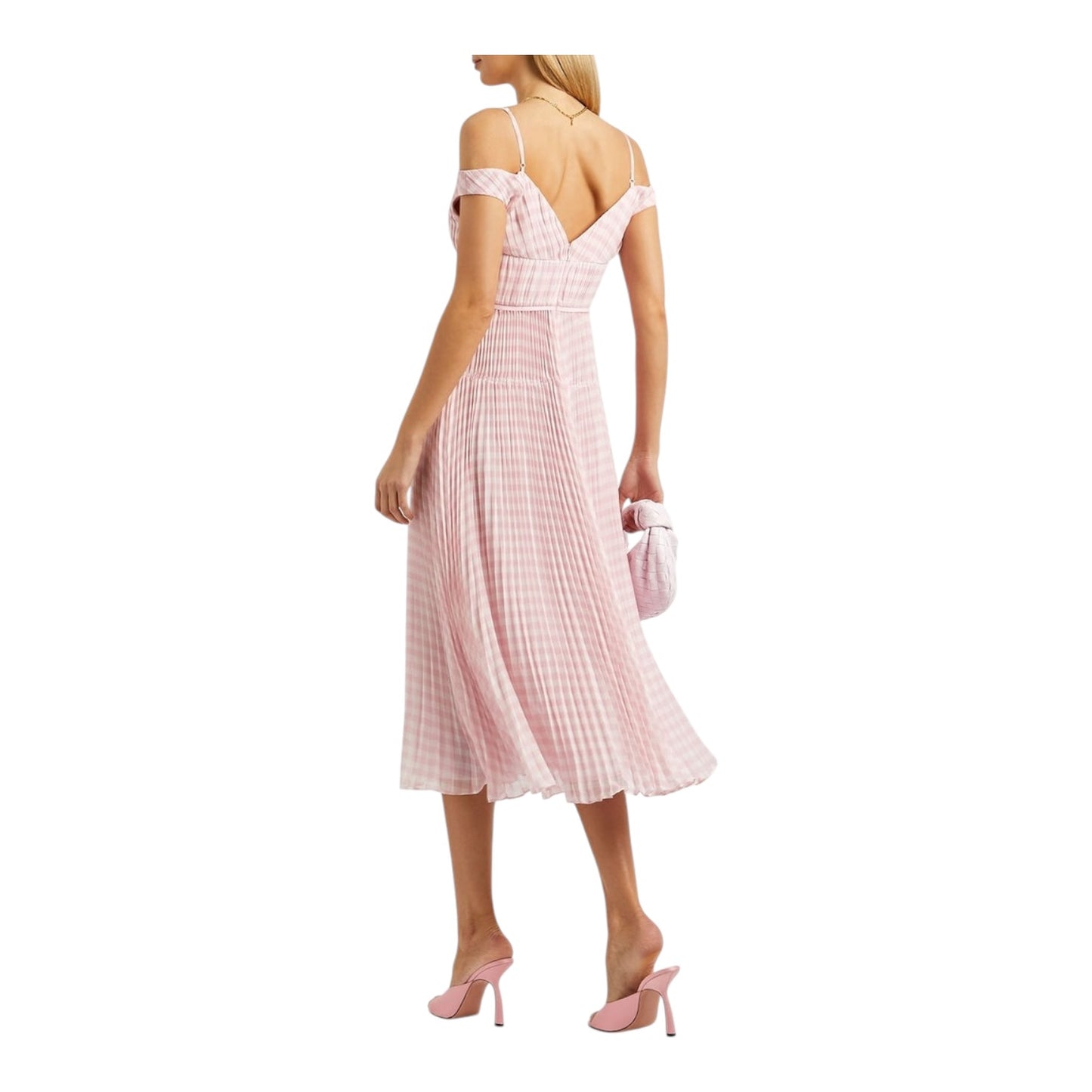 Self-Portrait Gingham Plissé Chiffon Midi Dress - 10 - NEW