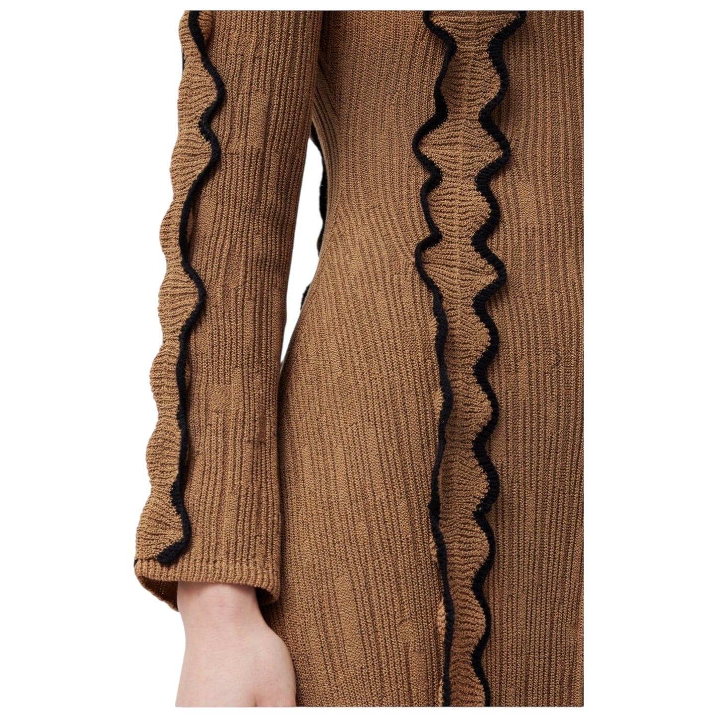 Jigsaw Camel and Black Scallop Trim Knitted Dress - 8/10