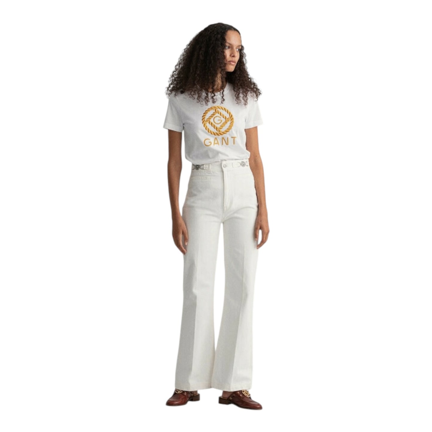 Gant White T Shirt with Gold Logo Embroidery - 12/14
