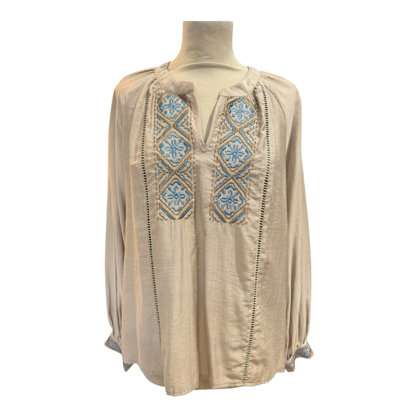 Costa Mani Emilie Sand Blue Embroidery Blouse - 12 - NEW