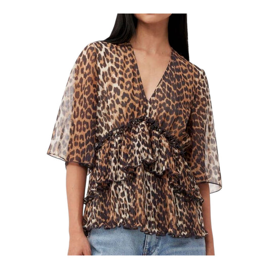 Ganni Animal Print V Neck Blouse - 12 - NEW