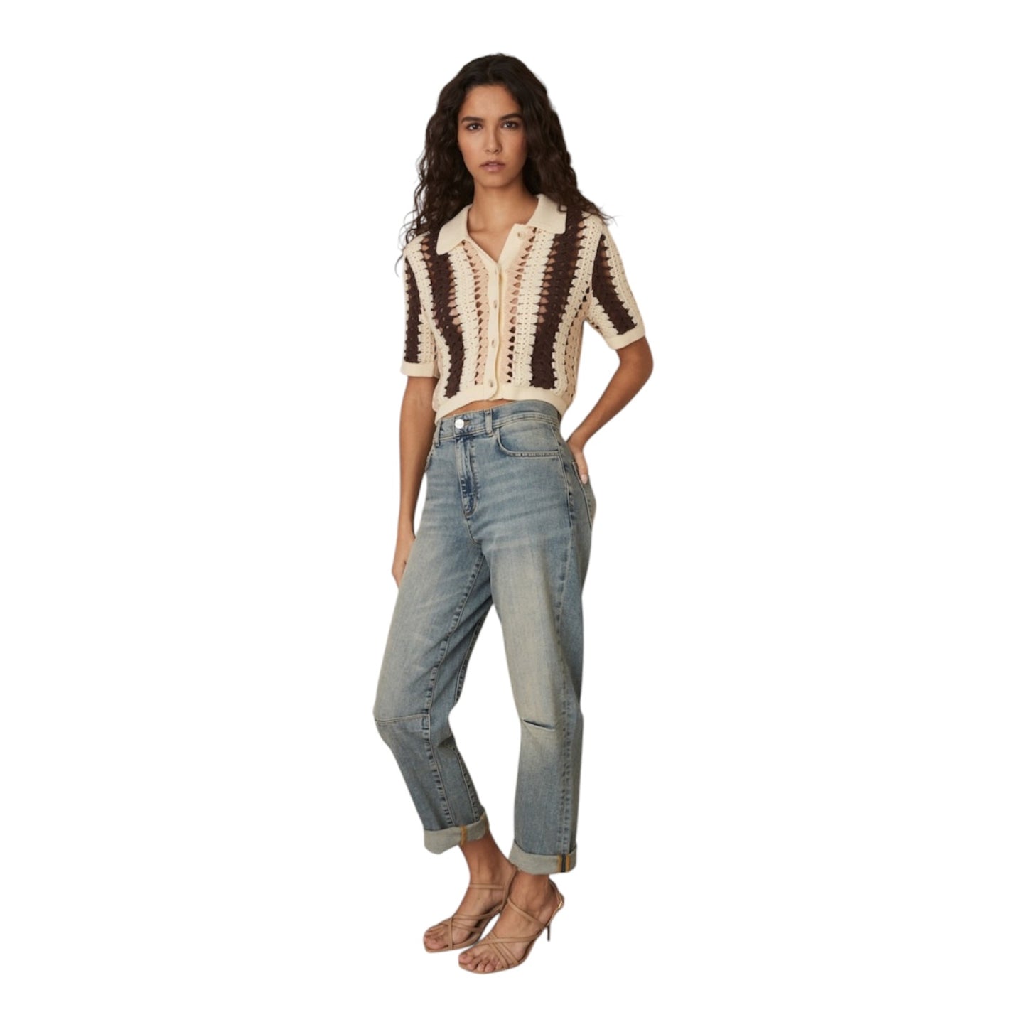 Reiss Cream Brown Roni Cotton Crochet Striped Shirt - 8/10