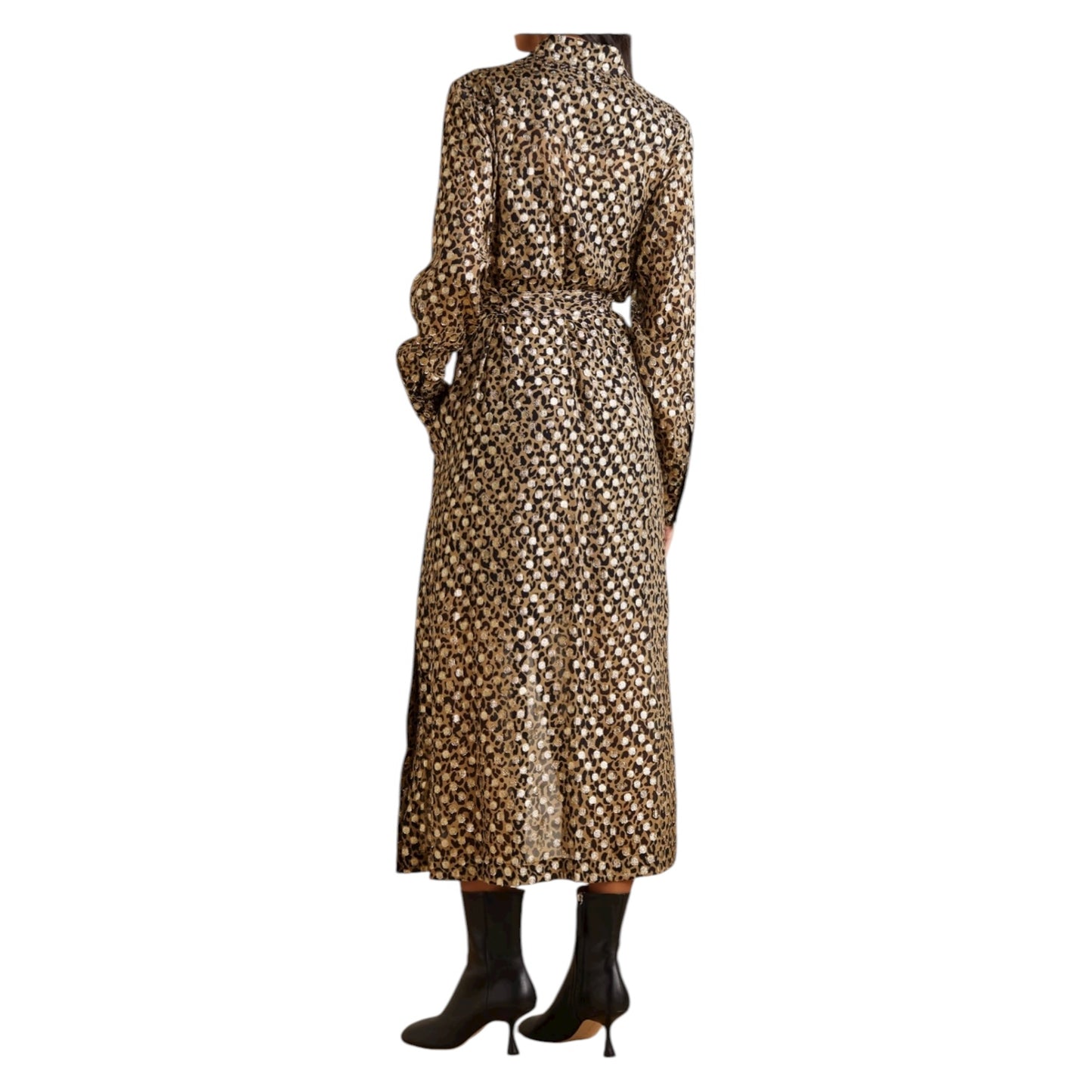 Golden Goose Belted Leopard-Print Metallic Midi Shirt Dress - 12