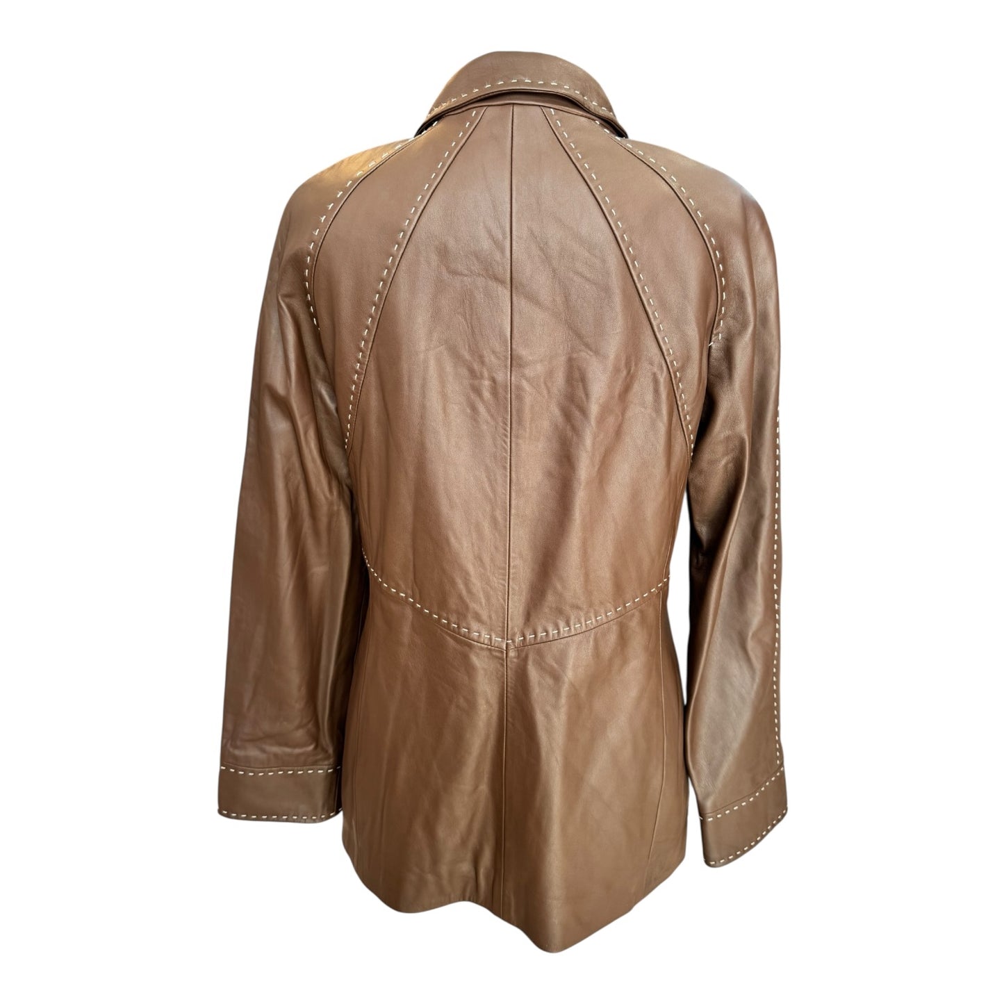 Escada Brown Contrast Stitch Leather Jacket - 10-12, 14-16