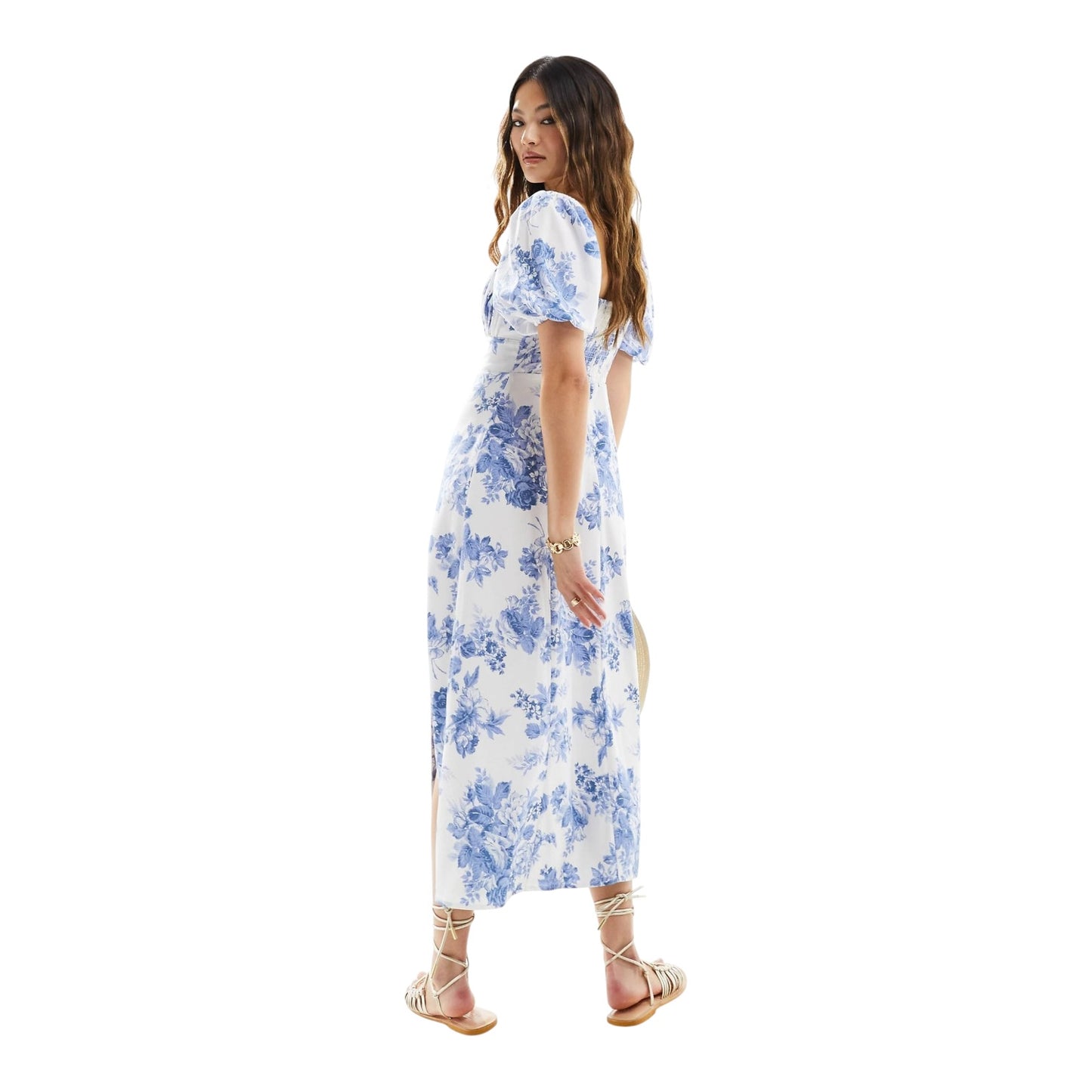 Abercrombie & Fitch Blue Floral Puff Sleeve Midi Dress - 14