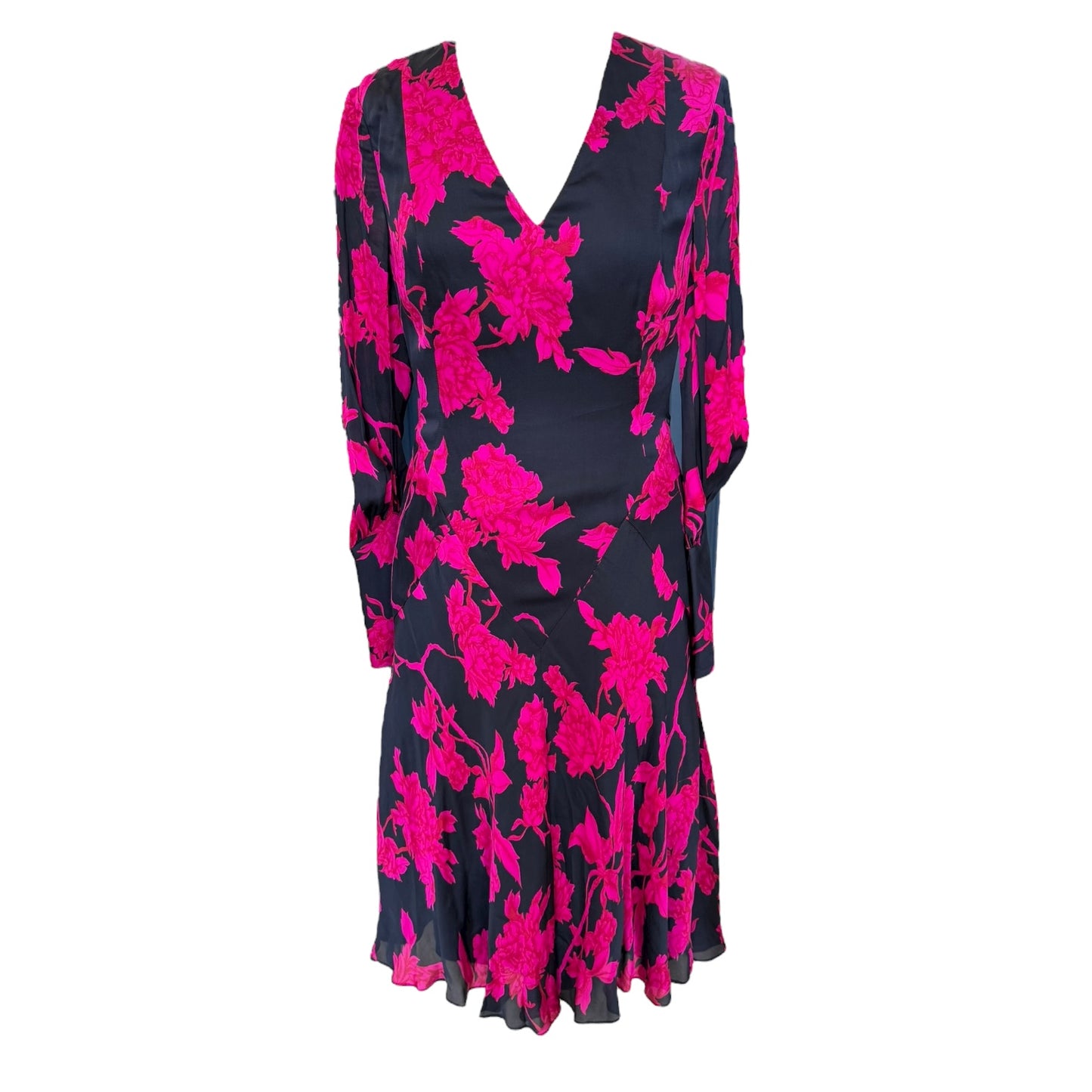 L.K. Bennett Navy and Cerise Pink Silk Dress - 8