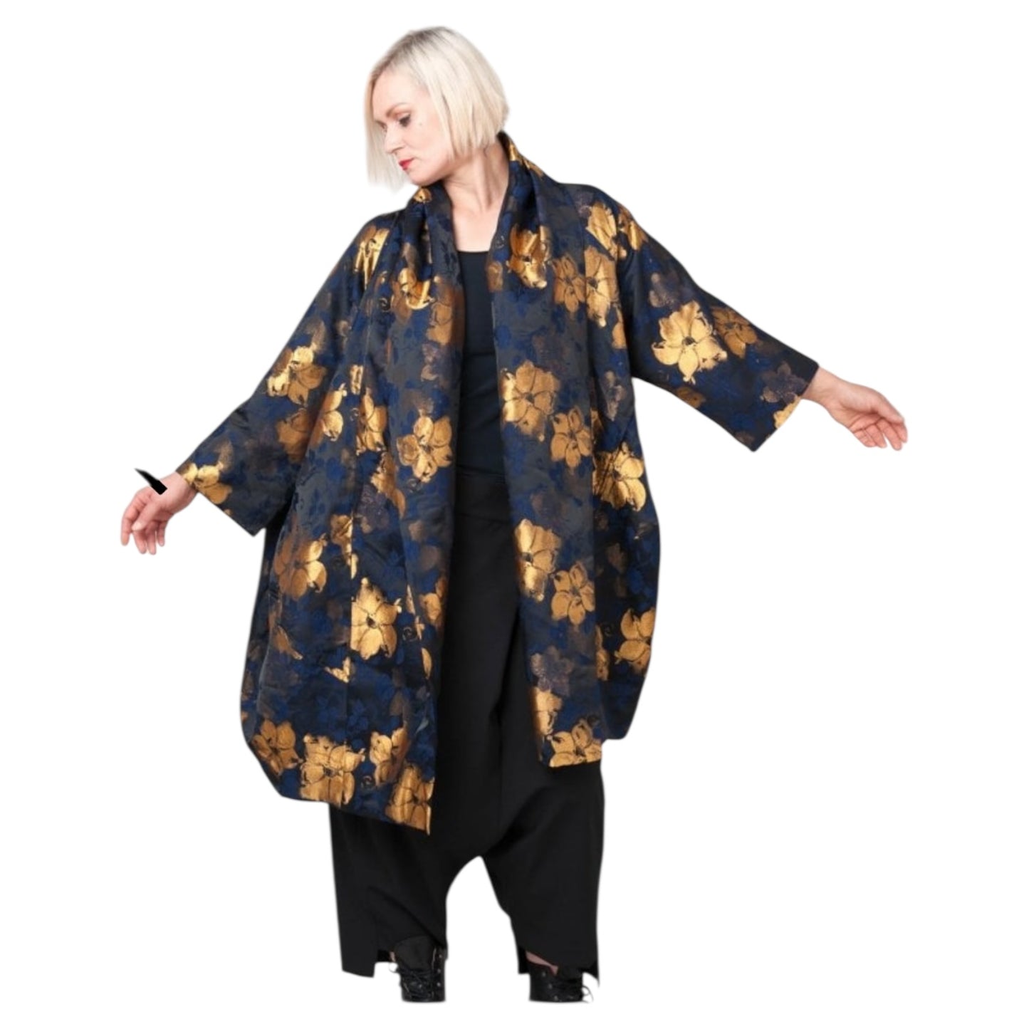 Alembika Exquisite Black Blue & Gold Flower Print Coat - One Size