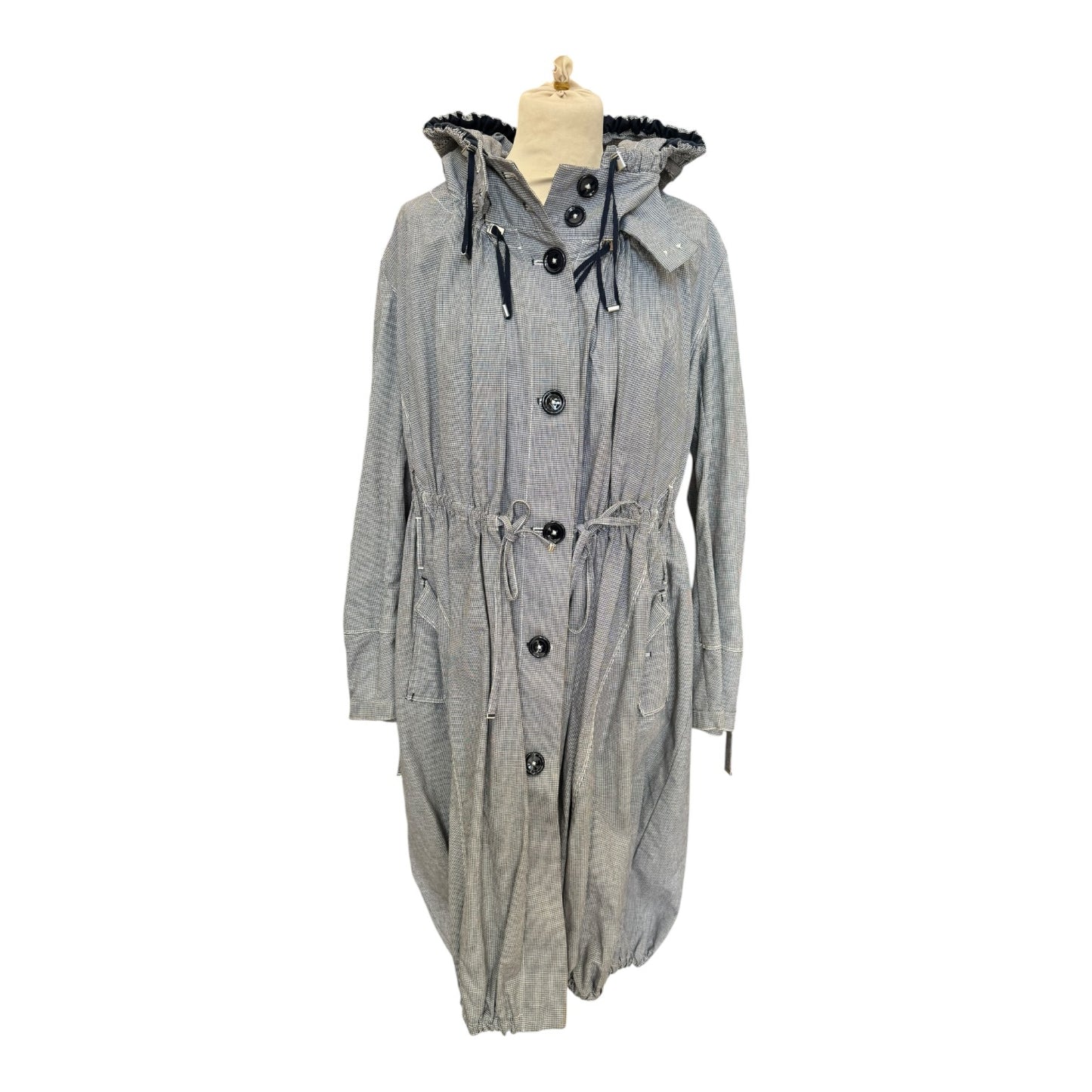 High Blue Navy Houndstooth Hooded Cotton and Linen Coat - 12
