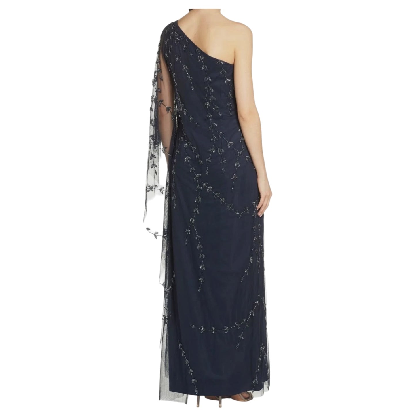 Adrianna Papell Navy Beaded One-Shoulder Evening Dress - 10
