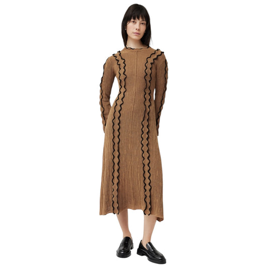 Jigsaw Camel and Black Scallop Trim Knitted Dress - 8/10