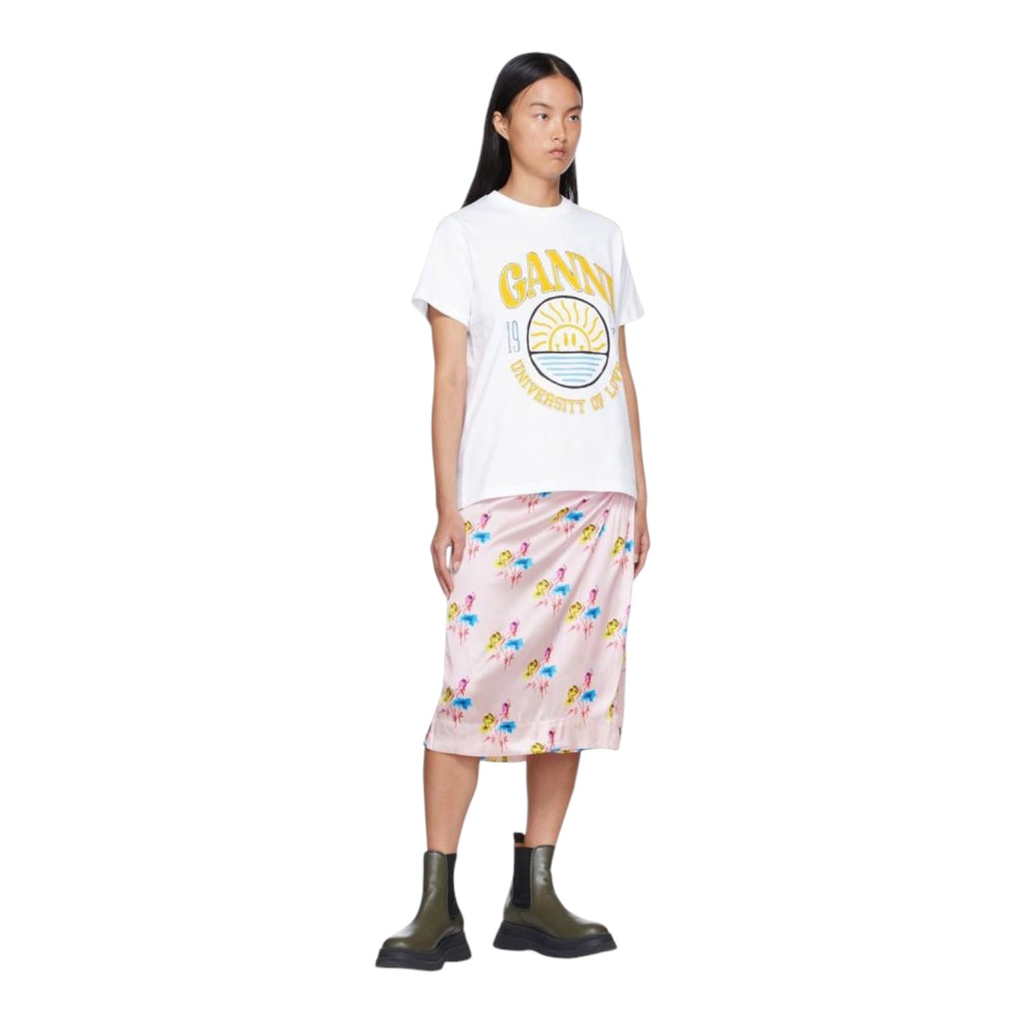 Ganni Pink Silk Floral Midi Skirt - 10