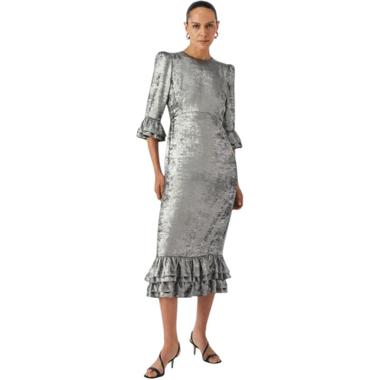 Mint Velvet Metallic Silver Midi Dress - 8 - NEW