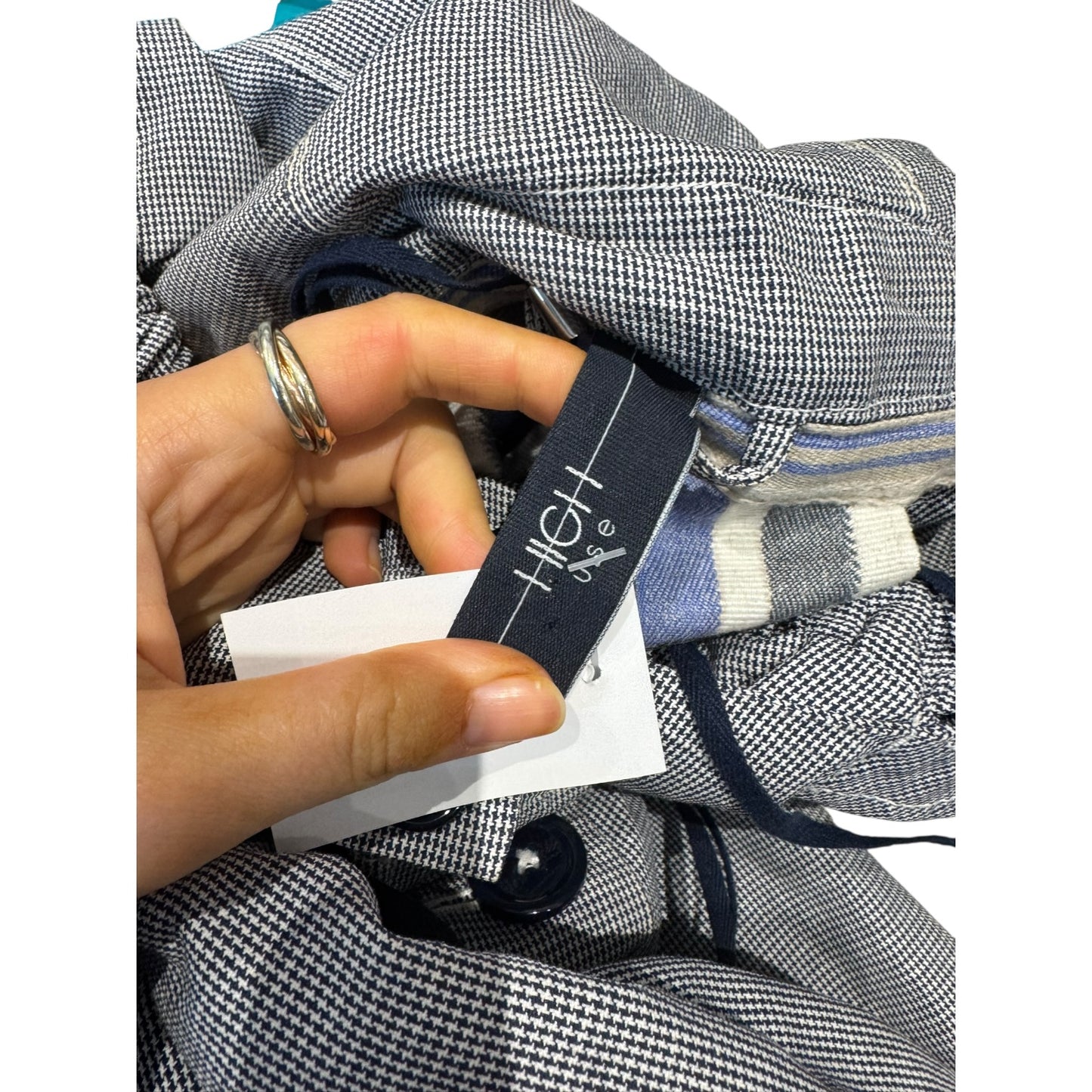 High Blue Navy Houndstooth Hooded Cotton and Linen Coat - 12